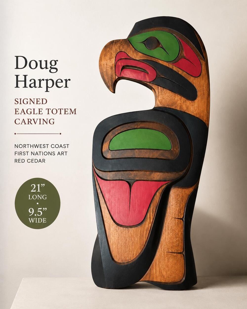 Doug Harper Signed Eagle Totem Carving | First Nations Red Cedar Sculpture | Nor